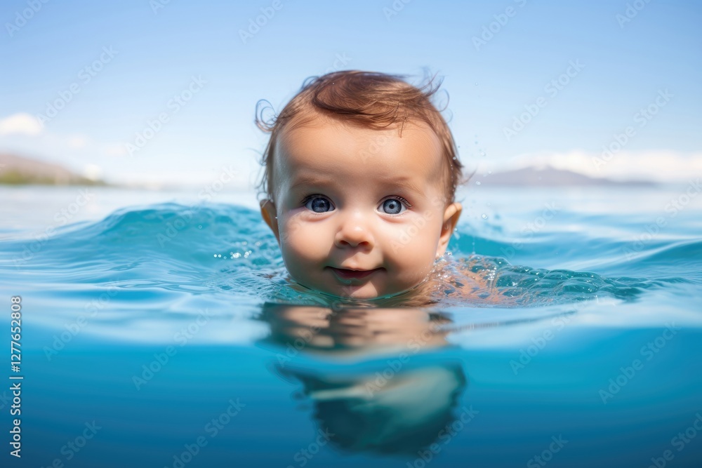 Happy baby swimming in blue ocean water on sunny day. Underwater split shot of smiling infant learning to swim. Summer beach activity and child development concept Happy baby swimming in blue ocean water on sunny day. Underwater split shot of smiling infant learning to swim. Summer beach activity and child development concept