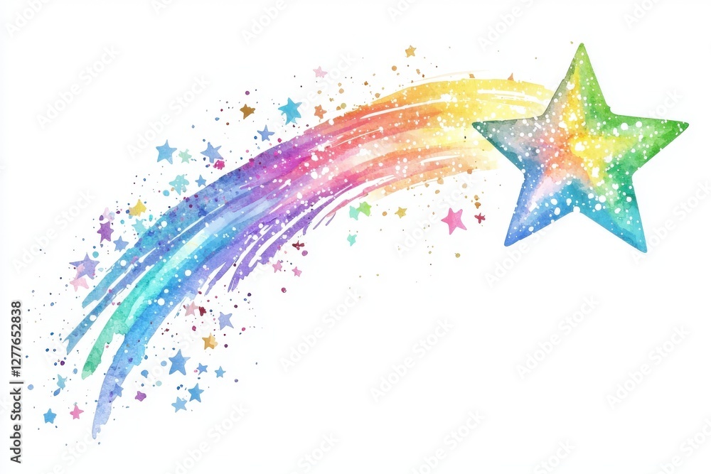 Obraz premium A vibrant watercolor illustration of a shooting star with a rainbow trail, radiating colors and sparkling stars, perfect for whimsical designs.