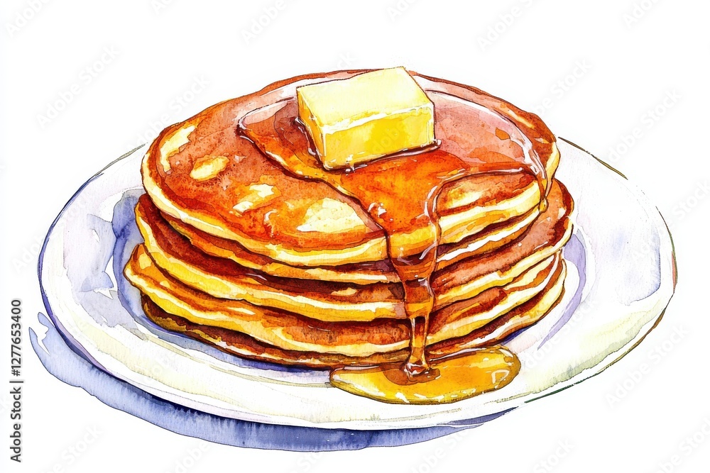 Delicious stack of fluffy pancakes topped with melting butter and drizzled with syrup, perfect for a cozy breakfast or brunch setting. Delicious stack of fluffy pancakes topped with melting butter and drizzled with syrup, perfect for a cozy breakfast or brunch setting.