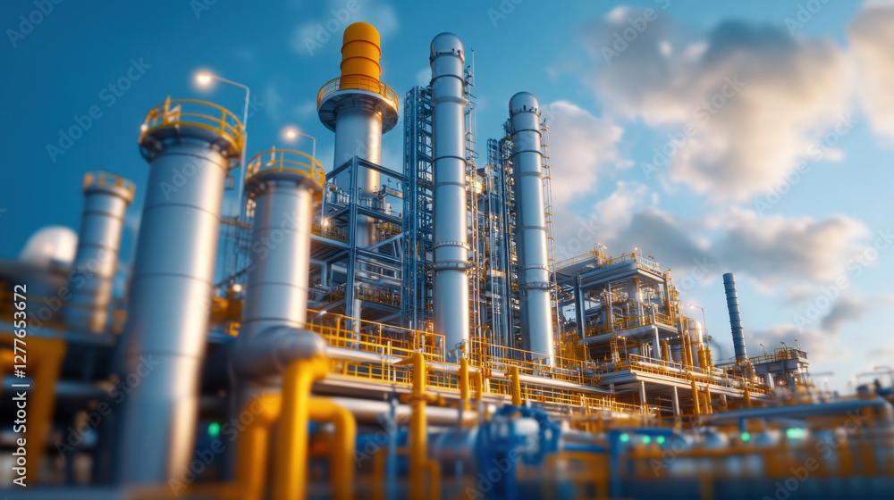 Fototapeta premium Industrial plant with tall pipes and blue sky, showcasing modern engineering and technology. vibrant colors and intricate structures highlight complexity of facility