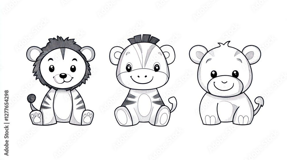 Cute cartoon animals, lion, zebra, and tiger, sitting, outlined, coloring page. Cute cartoon animals, lion, zebra, and tiger, sitting, outlined, coloring page.