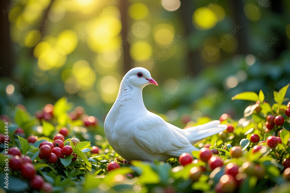 Serene White Dove Amidst Red Berries in a Sunny Garden Setting Serene White Dove Amidst Red Berries in a Sunny Garden Setting