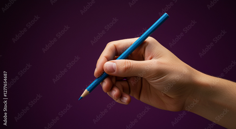 Pencil in hand writing on surface. Hand holding pencil drawing with blue pencil. Hand with pencil Pencil in hand writing on surface. Hand holding pencil drawing with blue pencil. Hand with pencil
