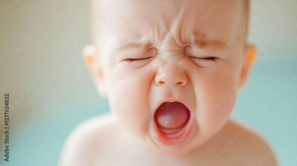 Crying baby with distressed expression, showcasing emotions of sadness and discomfort. infant face is scrunched up, highlighting intensity of moment Crying baby with distressed expression, showcasing emotions of sadness and discomfort. infant face is scrunched up, highlighting intensity of moment