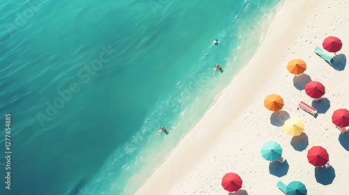 Colorful Umbrellas Adorn a Pristine Sandy Beach Beside Turquoise Water