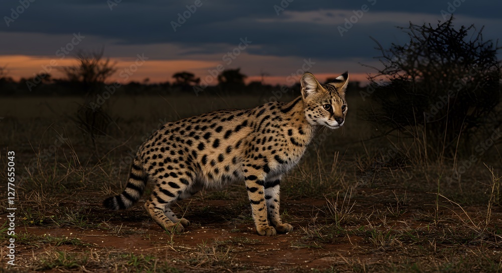 Obraz premium Serval Cat Standing Alert in African Savannah at Dusk