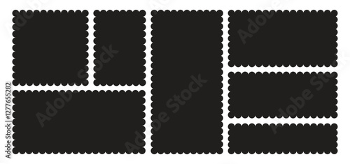  Set of frames with zigzag edge, scallop edge shapes. Rectangle shape frame with zigzag edge. Color rectangle frames with wiggly borders.