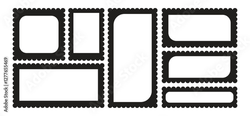 Set of rectangle wavy frames with scallop edge. Squiggle photo borders with zig zag edges. Wavy circular, oval and rectangular shape elements set vector illustration.