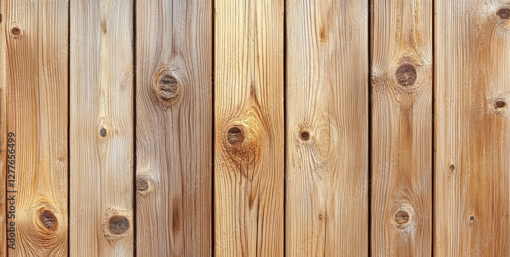 Fototapeta premium Close-up of light brown wooden planks, fence or wall background