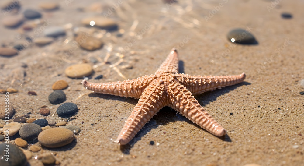 Starfish on Sandy Beach Near Water with Pebbles During Sunny Day Starfish on Sandy Beach Near Water with Pebbles During Sunny Day