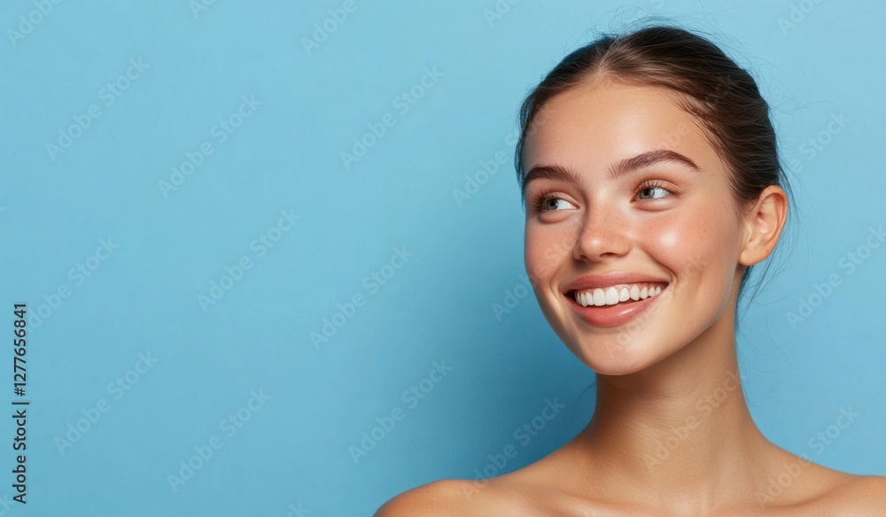 Smiling young woman with clear skin against a blue background Smiling young woman with clear skin against a blue background