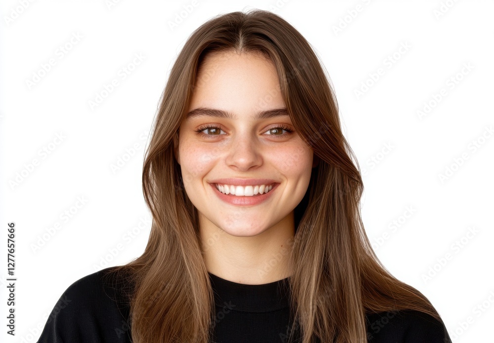 Smiling young woman with long hair in a black sweater against a white background Smiling young woman with long hair in a black sweater against a white background