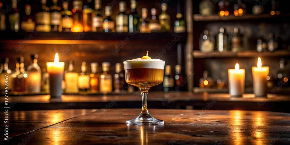 Aromatic cocktail in a stemmed glass sits on a dark wood bartop, illuminated by candlelight, with a softly blurred backdrop of liquor bottles Aromatic cocktail in a stemmed glass sits on a dark wood bartop, illuminated by candlelight, with a softly blurred backdrop of liquor bottles