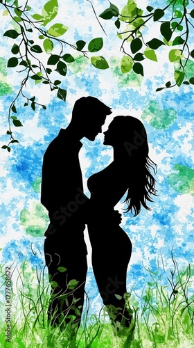 Couple kissing under trees, nature scene, romantic, digital art photo