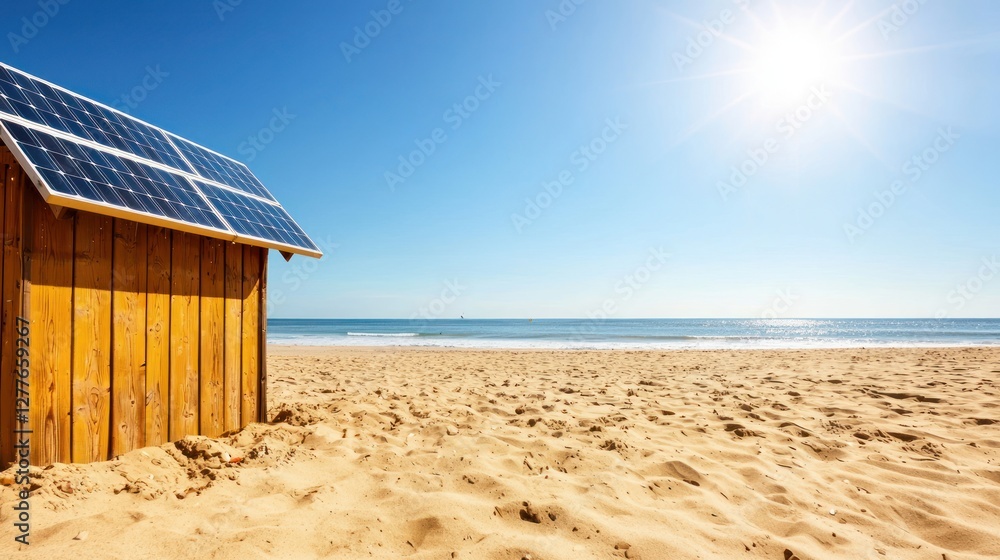 Fototapeta premium Solar Powered Beach Hut on Sandy Shoreline Under Bright Sunlight and Clear Blue Sky for Sustainable Energy