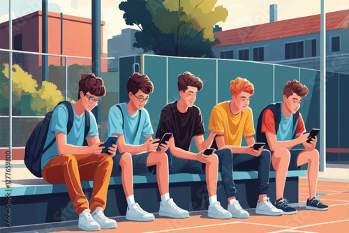 Group of teenagers students high school pupils classmates using gadgets holding smart mobile phones talking communicating hanging out sitting outside sport court yard. Friendship concept