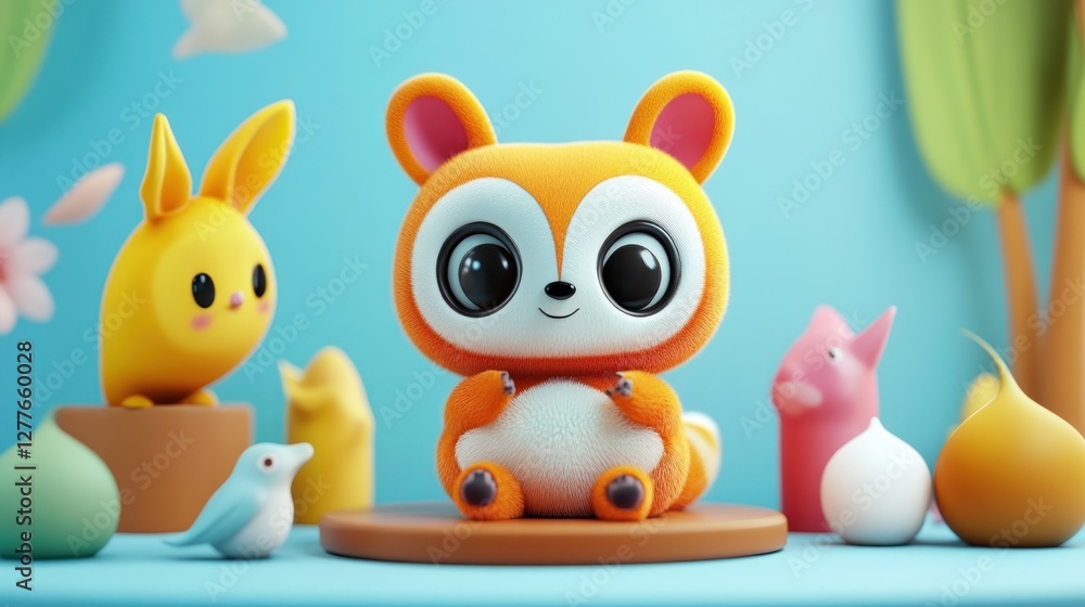 Fototapeta premium Cute cartoon animals, orange raccoon, yellow rabbit, and pink cat figurines on a light blue background.