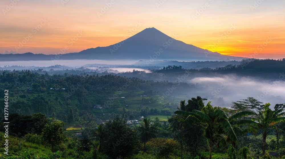 A misty pink sunrise over a mountain landscape. A misty pink sunrise over a mountain landscape.