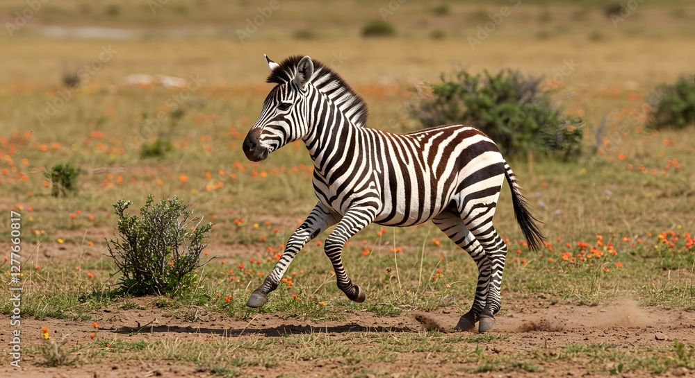 Naklejka premium Zebra Foal Running Freely Through Grassy Field with Wildflowers