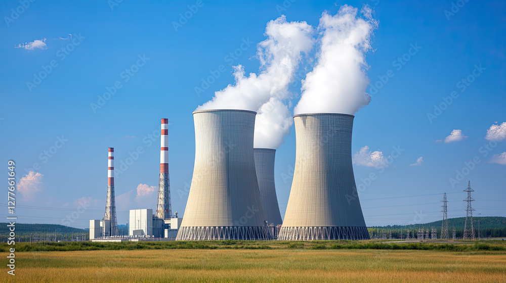 A nuclear power plant with cooling towers emits steam under a clear blue sky, surrounded by fields and distant hills, showcasing energy production and industrial infrastructure. A nuclear power plant with cooling towers emits steam under a clear blue sky, surrounded by fields and distant hills, showcasing energy production and industrial infrastructure.