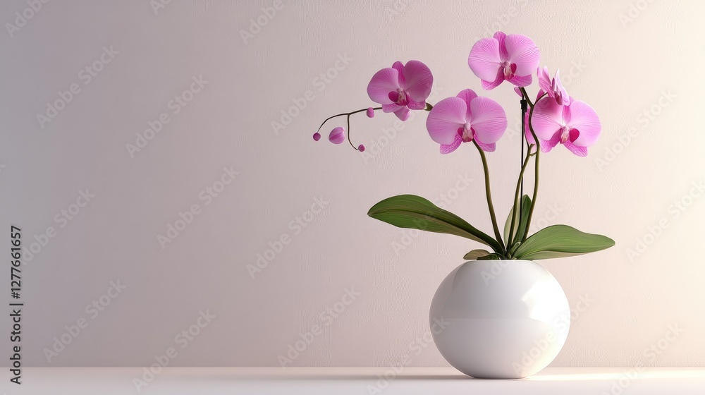 A pink orchid in a minimalist white vase. A pink orchid in a minimalist white vase.