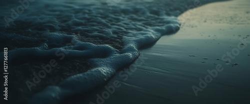 Ocean wave on sandy beach at sunset, nature background