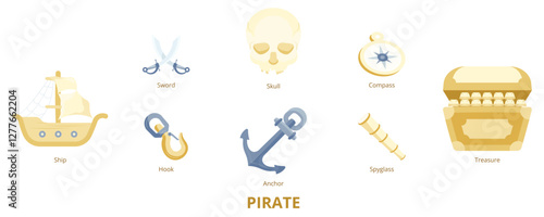 Pirate Flat Banner Web Icon Set Vector Illustration, Skull Sword Ship Treasure Anchor Compass Hook Spyglass