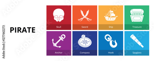 Pirate Glyph Solid Banner Web Icon Set Vector Illustration, Skull Sword Ship Treasure Anchor Compass Hook Spyglass