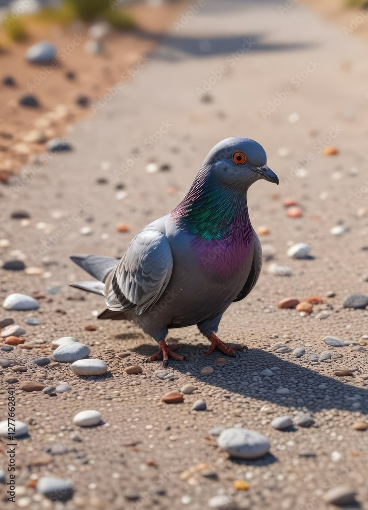A pigeon walks alone on a narrow gravel road with small pebbles scattered around it, earthy tones, feathered friend, tiny pebbles A pigeon walks alone on a narrow gravel road with small pebbles scattered around it, earthy tones, feathered friend, tiny pebbles