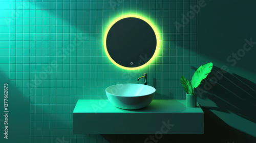 modern bathroom featuring round illuminated mirror, sleek sink, and green tiles, creating stylish and serene atmosphere