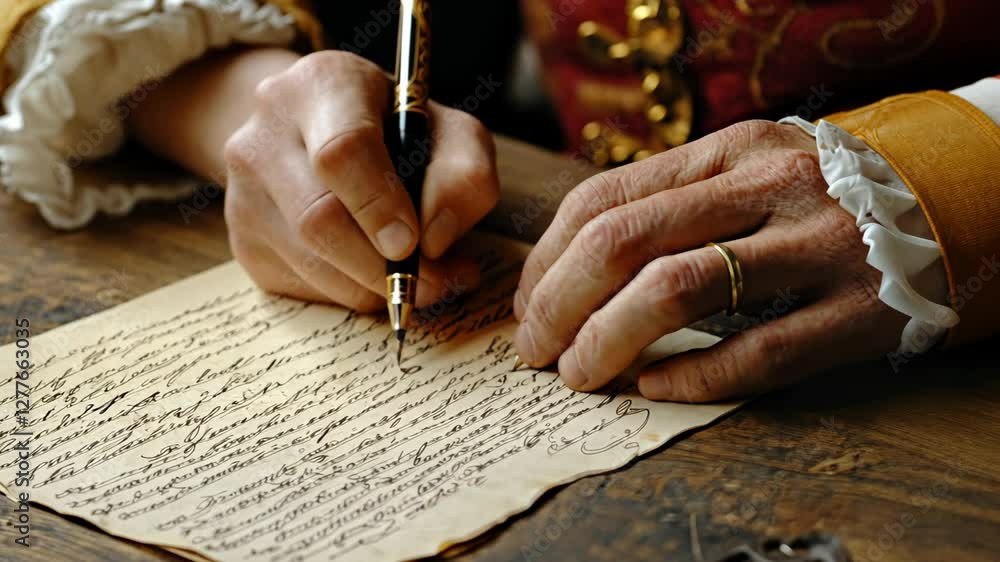 Writing a letter with a fountain pen in a historical setting with ...