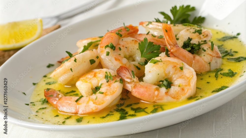A plate of cooked shrimps served in a shallow bowl-shaped dish topped with a light yellow lemon sauce and chopped parsley leaves, seafood, appetizer, protein A plate of cooked shrimps served in a shallow bowl-shaped dish topped with a light yellow lemon sauce and chopped parsley leaves, seafood, appetizer, protein