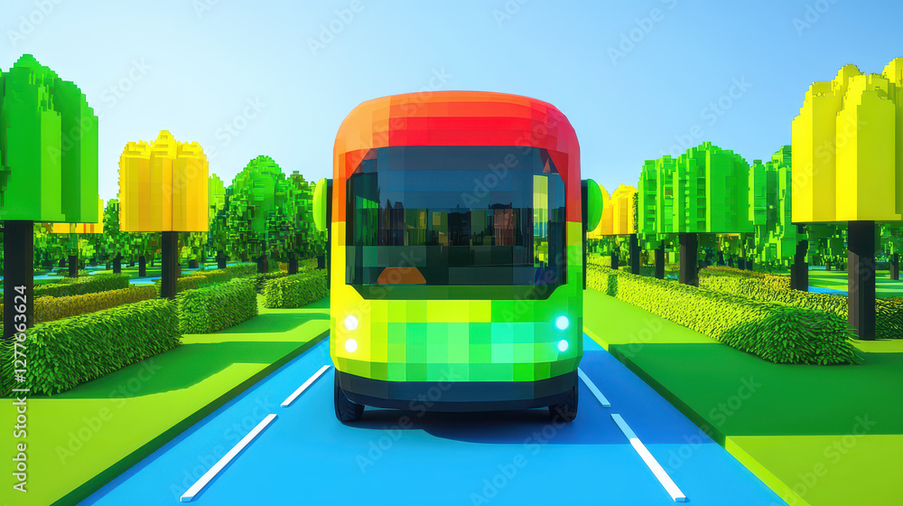 Obraz premium vibrant street scene featuring colorful autonomous electric bus surrounded by pixelated trees and greenery