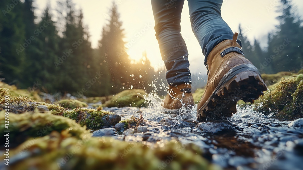 Hiking boots crossing stream, sunset forest Hiking boots crossing stream, sunset forest