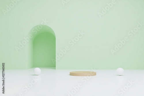 Empty room light green wall white floor archway white spheres platform