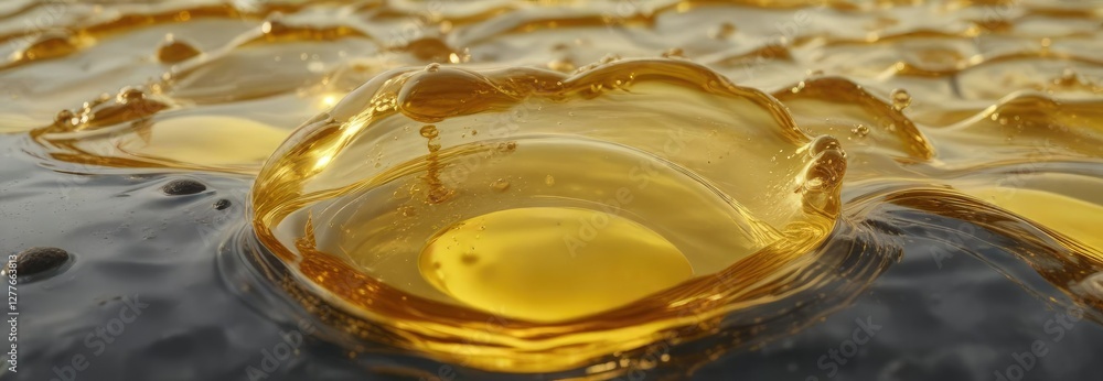 a pool of golden yellow bubble oil with ripples and waves on its surface , water scene, colorful liquids a pool of golden yellow bubble oil with ripples and waves on its surface , water scene, colorful liquids
