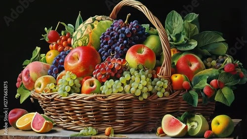 Abundant fruit basket, still life, dark background, kitchen table, healthy eating