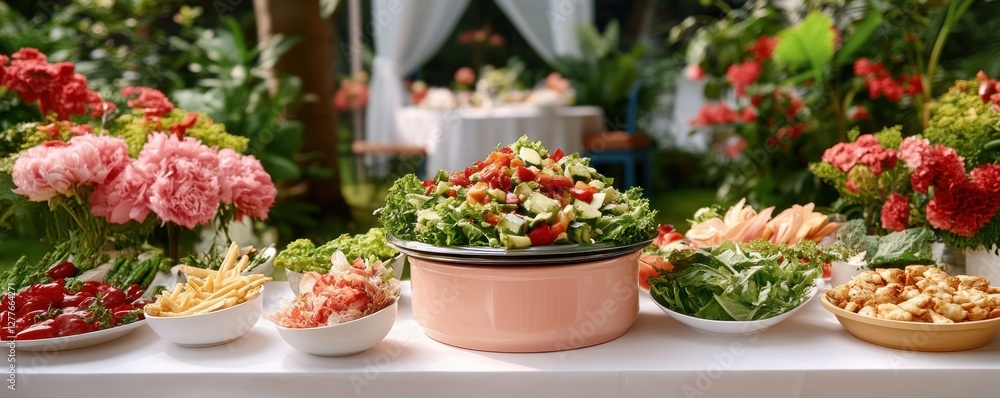 Explore a delicious and vibrant large catering buffet, showcasing an array of fresh vegetarian salads and exquisite dishes, meticulously arranged for a memorable party Perfect for weddings, corporate Explore a delicious and vibrant large catering buffet, showcasing an array of fresh vegetarian salads and exquisite dishes, meticulously arranged for a memorable party Perfect for weddings, corporate