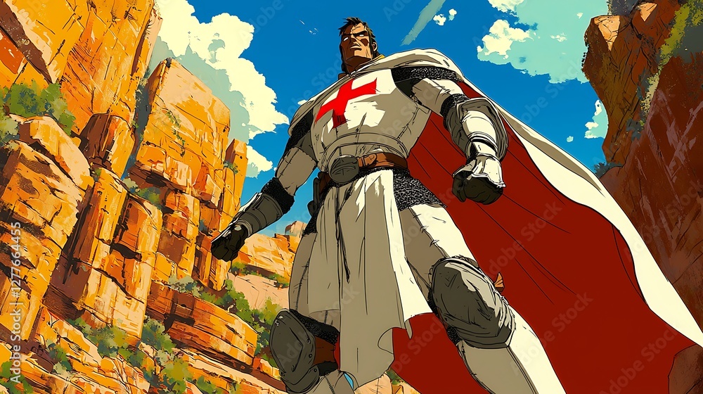 Fototapeta premium Powerful Crusader Knight in Majestic Canyon Landscape.