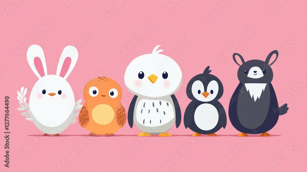 Cute cartoon animals, rabbit, bird, penguin, and owl, standing in a row on a pink background. Cute cartoon animals, rabbit, bird, penguin, and owl, standing in a row on a pink background.