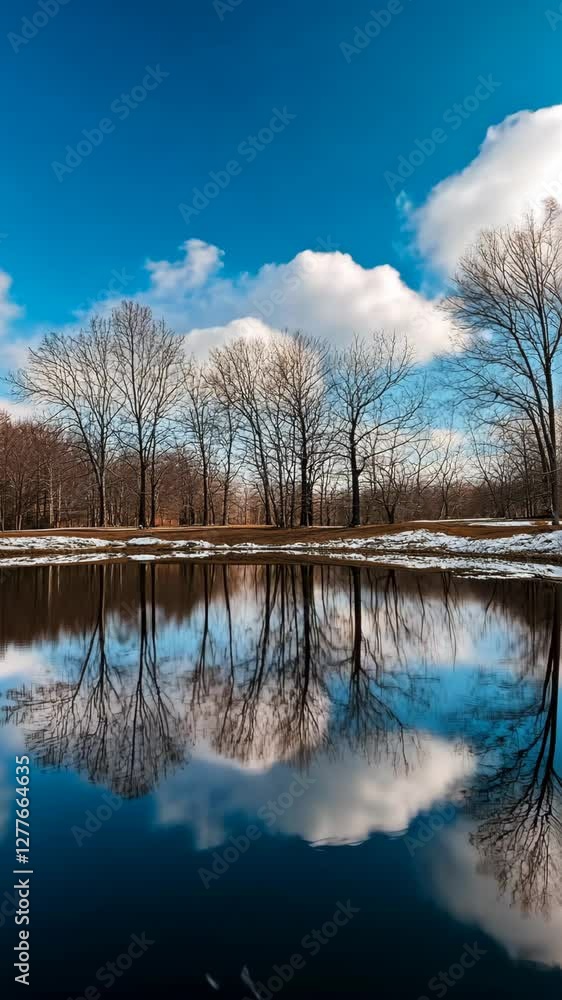 Calm winter day reflecting trees and clouds in serene water at a tranquil park Calm winter day reflecting trees and clouds in serene water at a tranquil park