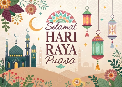Colorful Hari Raya Celebration with Lanterns and Mosque
