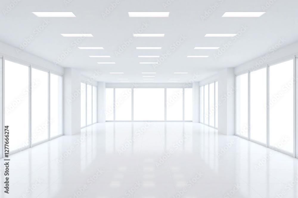 Fototapeta premium Empty room has large windows high ceiling recessed lighting white tiles
