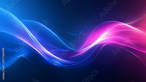 Abstract blue and pink waves on dark background with light trails creating a dynamic and flowing effect