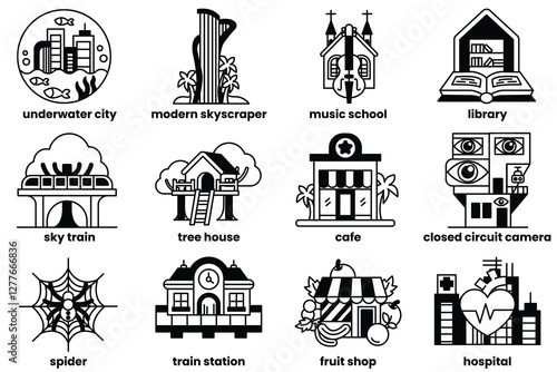 Set of illustrations in the concept of various places in line style