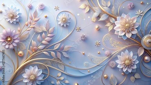 Elegant Pastel Floral Design with Golden Accents and Ornate Swirls on a Soft Blue Background