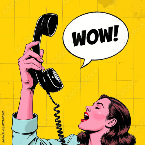 Woman with Retro Phone, Yellow Background, "WOW!" Bubble