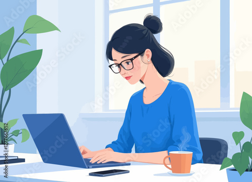 Woman with glasses working at computer in bright office