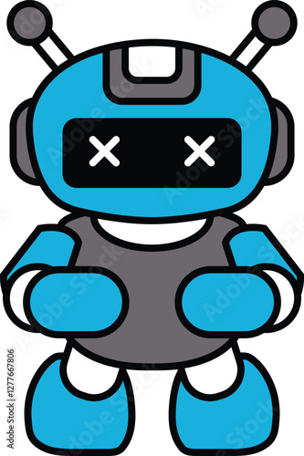 A blue robot with a black face and red eyes