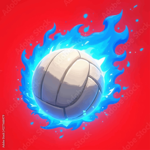 Volleyball ablaze with blue flames on red background